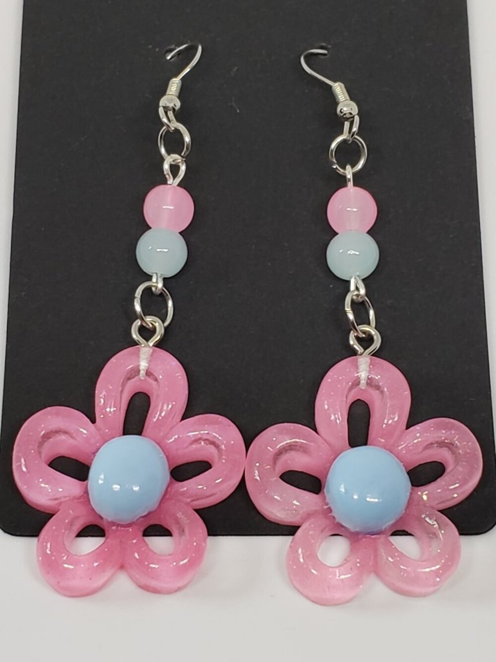 Handmade Pink Blue Beaded Resin Glass Flower Earrings